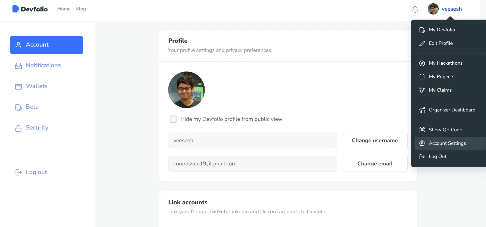 Devfolio settings UI